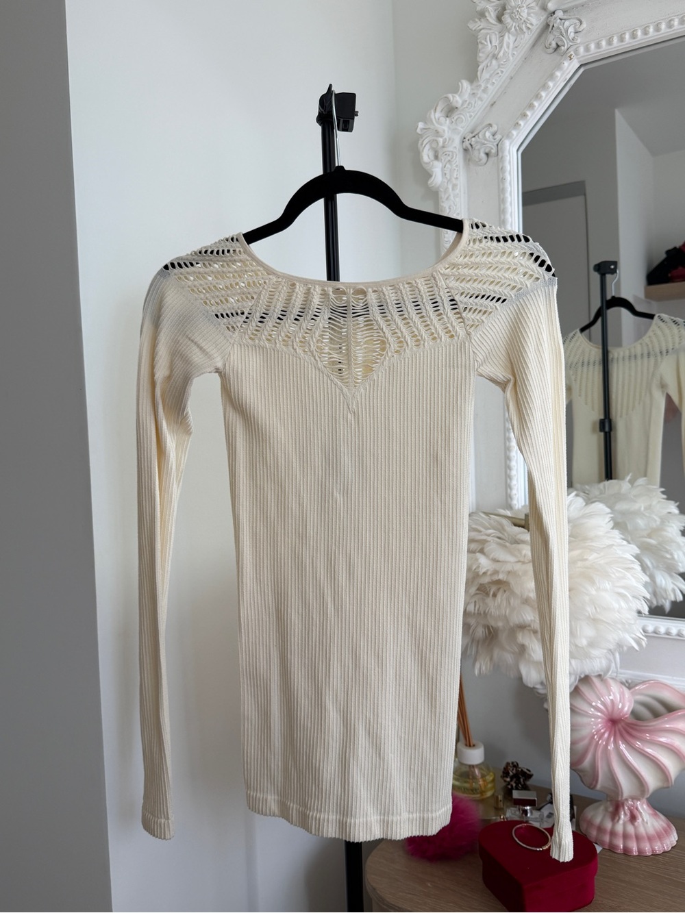 Free People Intimately Ivory Ribbed Long-Sleeve Knit Top with Lazer Cutout